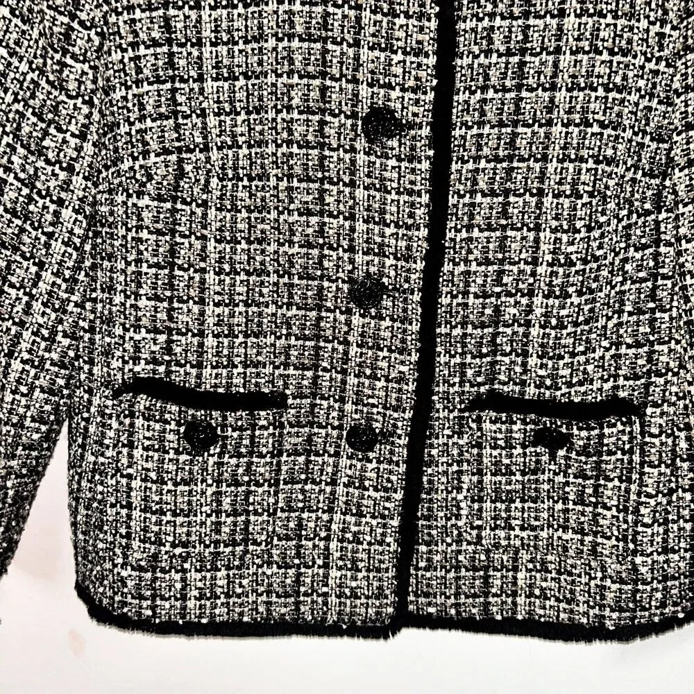 Anne Klein Blazer Women's 8 Black White Tweed Fringe Trim Career Office Wear